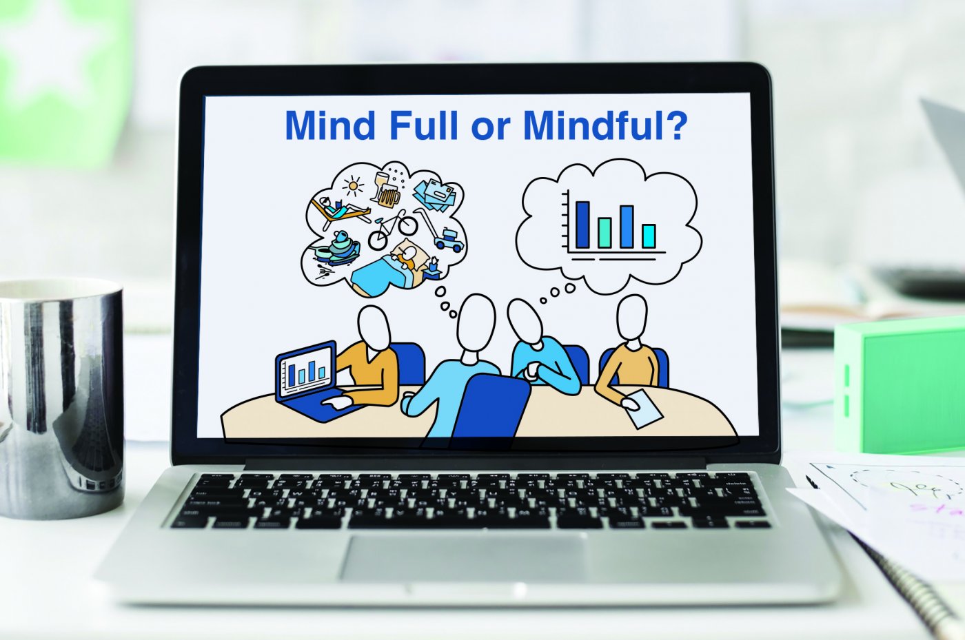 Mind Full or Mindful mindfulness illustration on computer