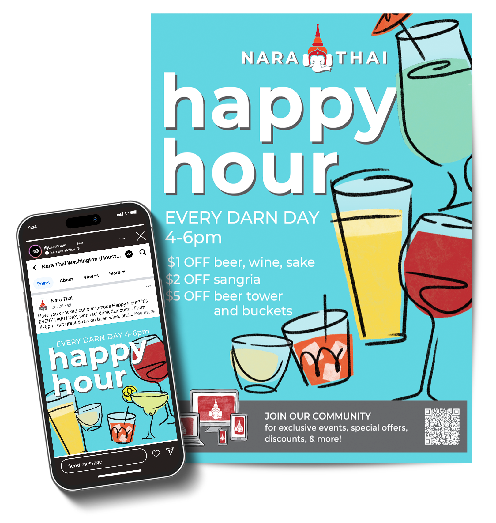 Nara Thai happy hour print flyer and social media post